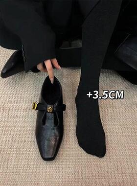 叁里复古真皮方头深口单鞋女2026春季新款时尚百搭气质粗跟小皮鞋
