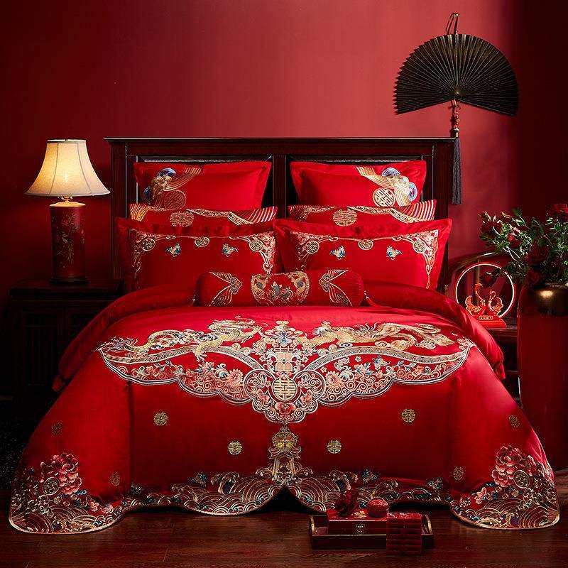婚庆套件100S纯棉四件套大红新婚全棉贡缎六七八十件套龙凤呈祥
