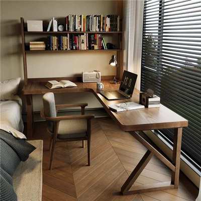全实木双人转角书桌书架一体L型电脑桌卧室简易学习桌家用办公桌