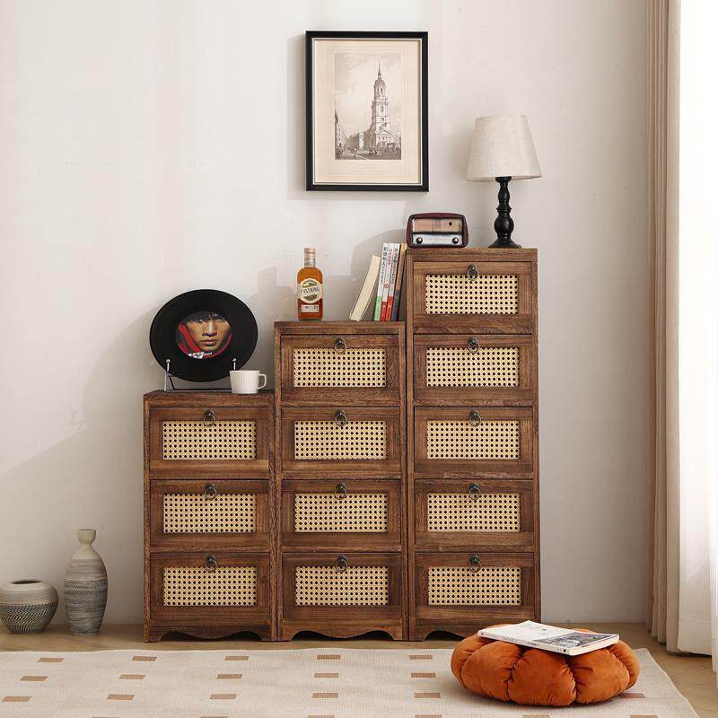 北欧实木床头柜覆古藤编夹缝收纳柜简易卧室抽屉式收纳柜中古边柜