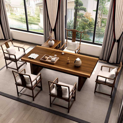 新中式仿古实木茶桌接待室大板洽谈茶桌椅组合客厅会客禅意泡茶台