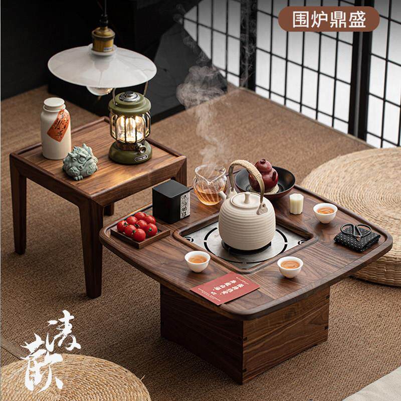 清欢丨胡桃木火钵碳炉箱组合 实木多功能边茶桌 茶空间围炉煮茶桌