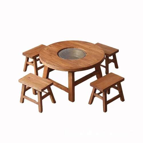 新中室内火锅桌老木围炉煮茶桌小桌家圆用炭火原式木餐桌榆茶桌