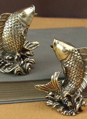 实心纯黄铜办公桌面锦鲤鱼小摆件古铜茶宠饰品工艺品礼品手把玩件