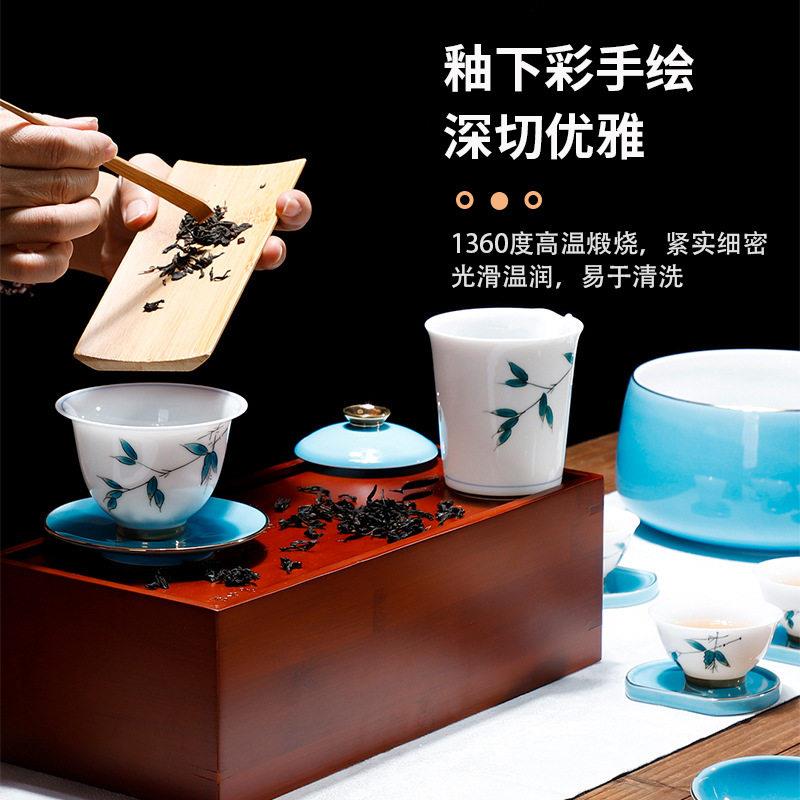 手绘茶具套装家用简约公室会客泡茶杯羊脂玉瓷盖碗茶壶整套送礼