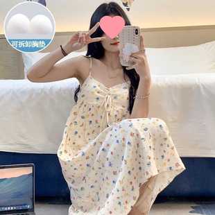 睡裙夏季 可外穿家居服 女款 甜美梭织棉吊带胸垫睡衣夏天女士春秋款