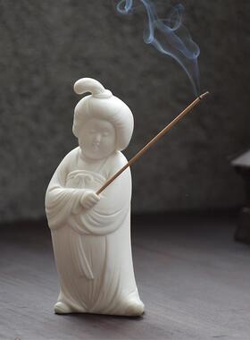 创意陶瓷仕女桌面摆件 新中式线香香插托盘 禅意风格家居装饰品