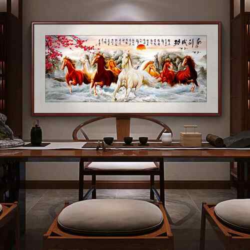 八骏图客厅挂画办公室山水画中式沙发背景墙装饰画马到成功骏马图
