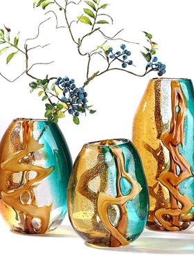 高级感绿色橘水纹轻奢加厚插花器软装摆件花瓶样板房现代装饰品