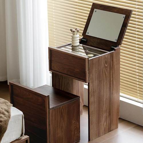 黑胡桃木梳妆台床头柜储物收纳柜一体小户型卧室翻盖化妆桌带镜子