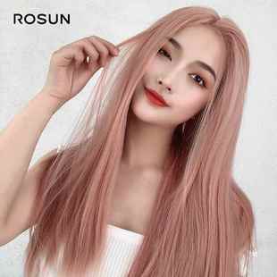 正品假发妇的夏长直发中间自部分没有刘海季烟熏粉玫瑰金女时尚高