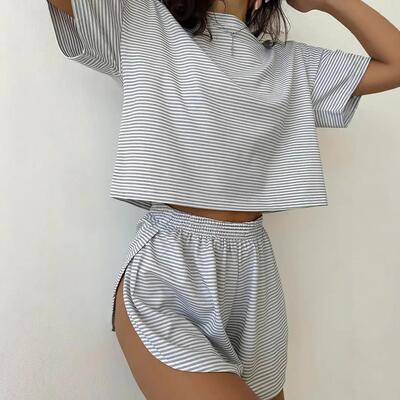Womens Comfort-Focused Striped Pyjama Set Drop Shoulder Tee