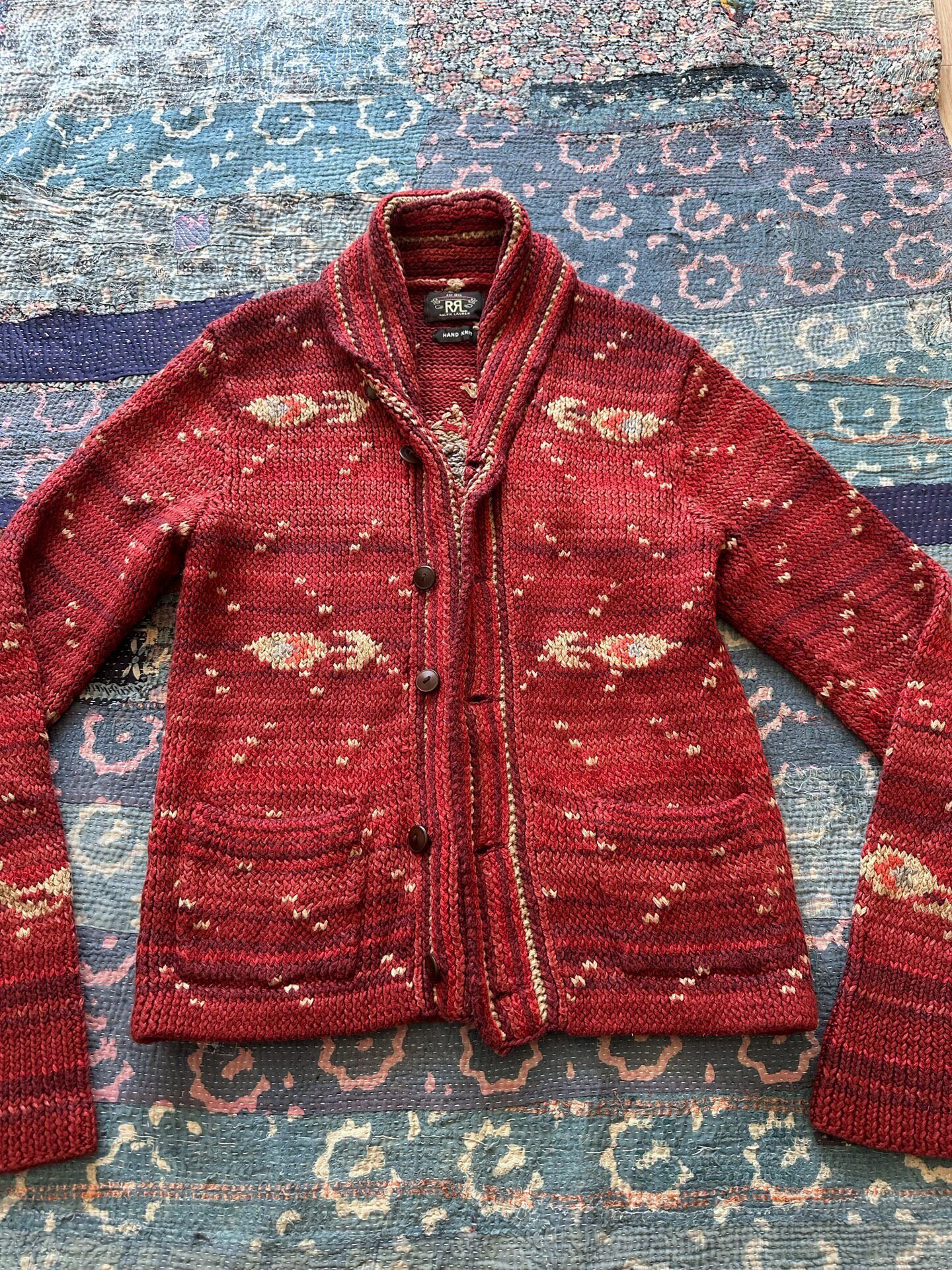 RRL Red Cardigan with Cream Patterns
