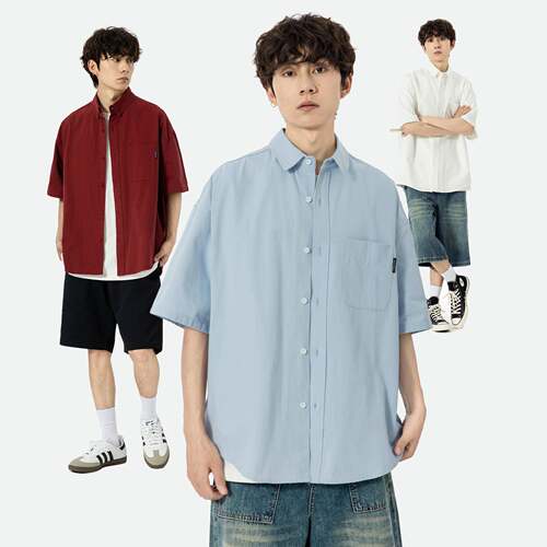 YOKE STUDIO日系cityboy夏季新款纯色短袖衬衫男休闲宽松纯棉衬衣