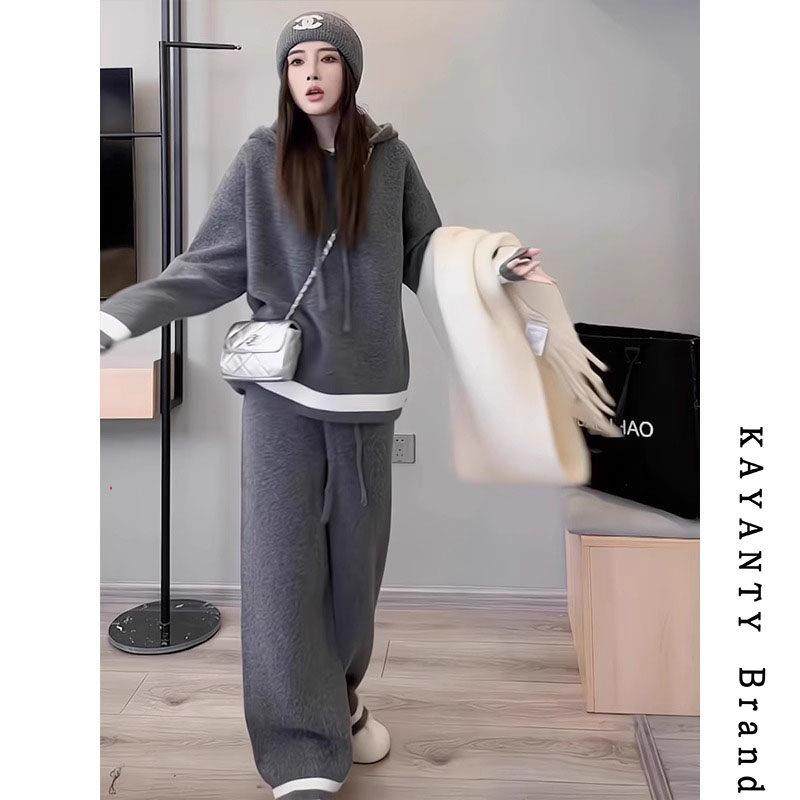 KAYANTY毛衣套装女春秋2025新款宽松慵懒风针织上衣阔腿裤两件套