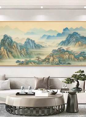 千里山，客厅挂画，卧式版靠背壁画，新中国风沙发背景墙，山水装