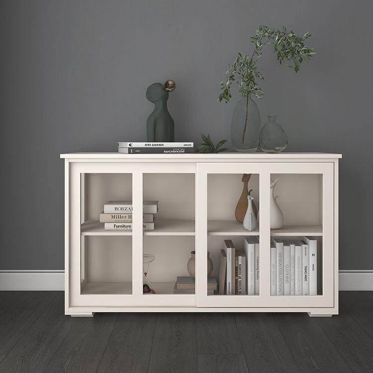 法式简约展示柜推拉玻璃门双层置物落地靠墙厨房客厅餐边柜黑白色