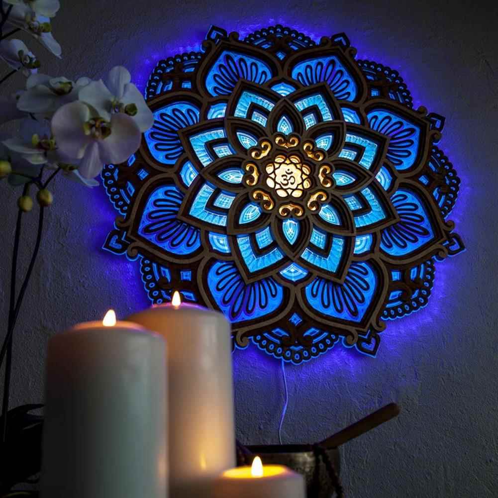 Mandala 曼陀罗瑜伽室莲花小夜灯木制墙壁挂饰卧室LED灯家居装饰