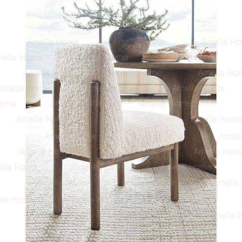 法式实木复古羊羔绒餐椅设计师别墅靠背椅 中古简约梳妆台椅子