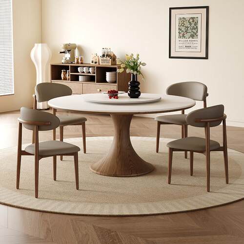 中古风实木岩板餐桌椅组合白蜡木圆桌家用小户型圆形饭桌带转盘