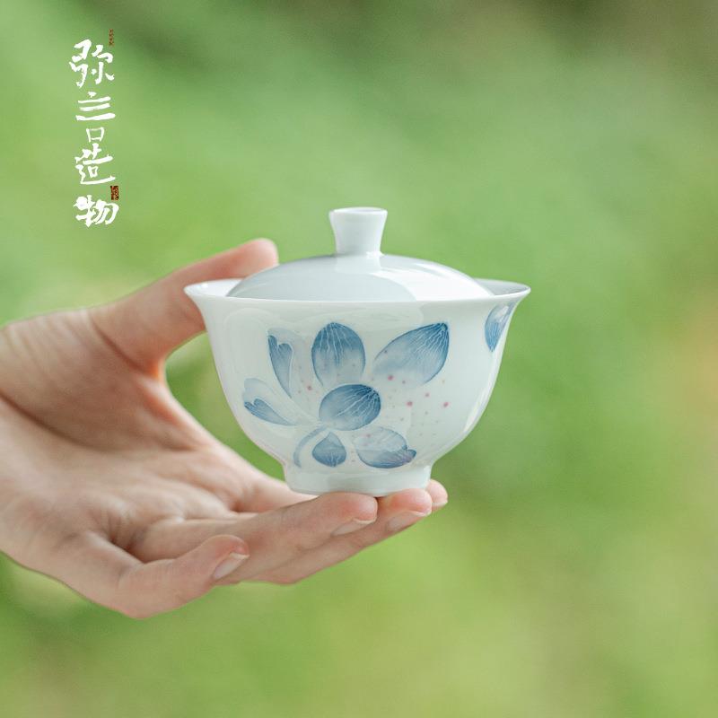 弥言日式有田烧手绘莲瓣盖碗纯手工白瓷泡茶碗茶杯不烫手功夫茶具