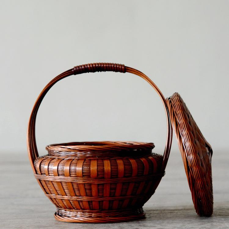 拜神篮子带盖提篮竹编篮子手提篮手工编织水果篮装放鸡蛋的竹篮子