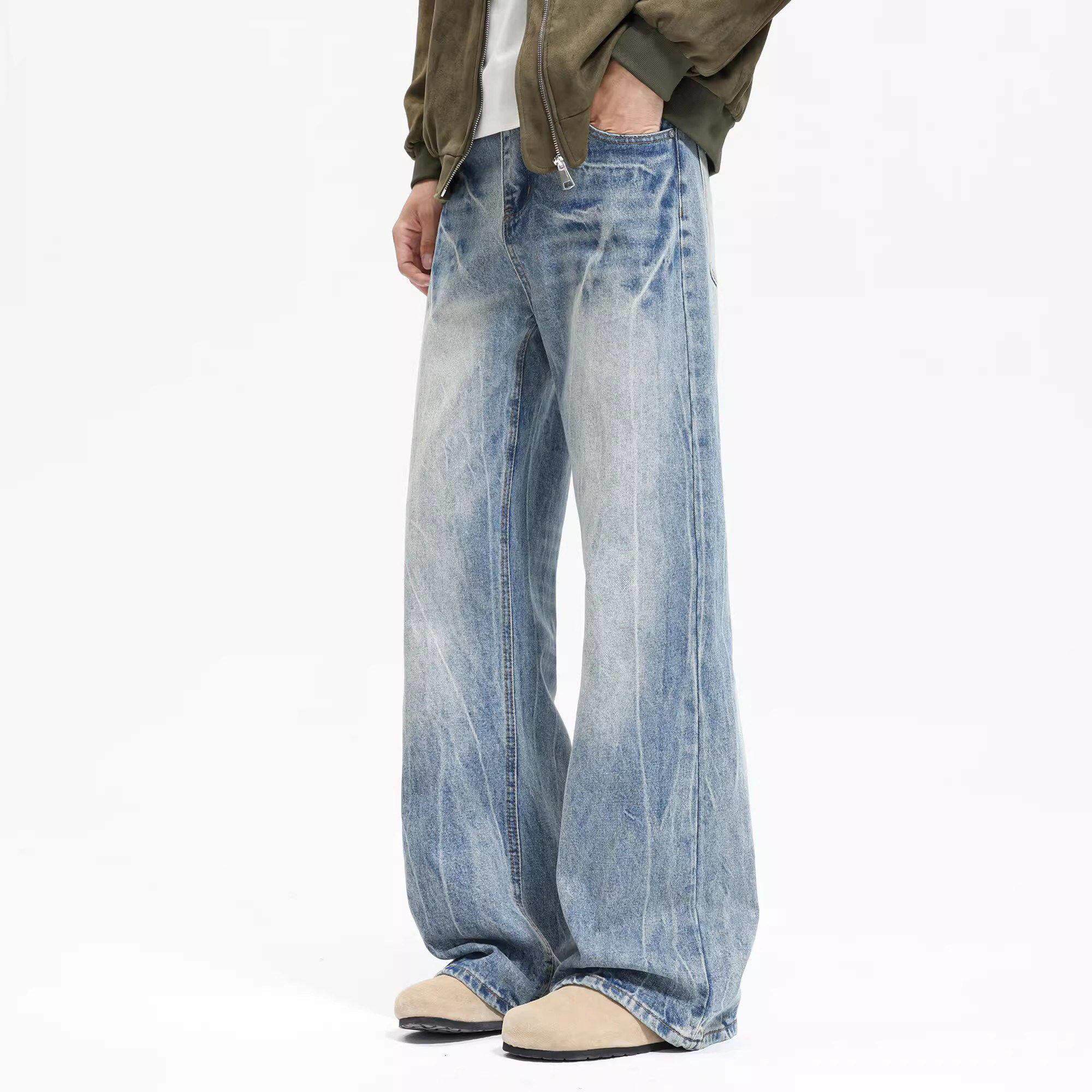 香港潮牌牛仔裤男夏季新款美式高街潮牌闪电纹垂感直筒裤微喇裤子