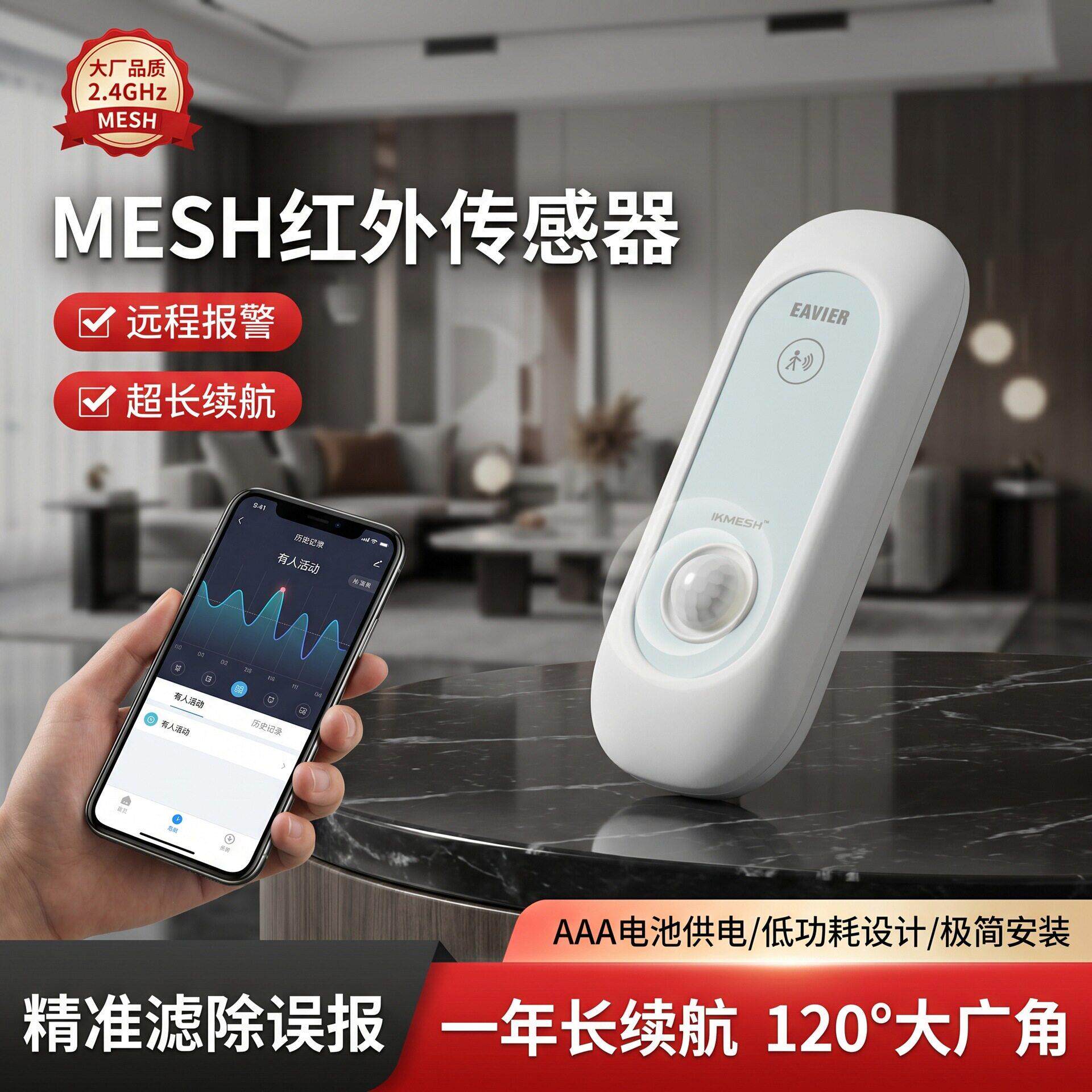 低功耗 MESH 红外报警器 免布线独立安装 无线远程探测感应传感器