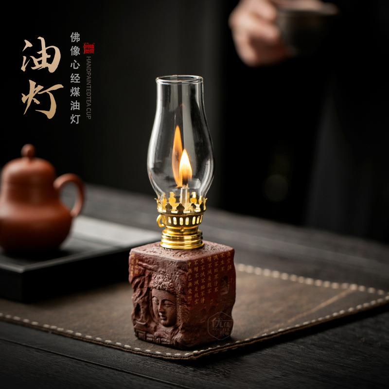 中式粗陶酥油灯煤油灯盏复古老岩泥家用茶室卧室氛围灯供佛长明灯