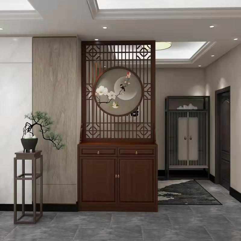 入户正对大门屏风隔断客厅遮挡装饰聚福新中式实木玄关柜鞋柜一体