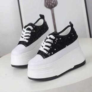 欧洲站坡跟厚底松糕小白鞋2025秋季亮片系带超高跟内增高12CM女鞋