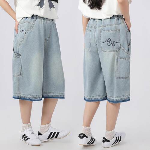初中女童牛仔裤夏季薄款五分裤中大童宽松大码中裤青少年七分裤潮