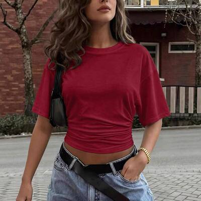 KatchMe Women's Leisure Solid Color Batwing Sleeve Cinched