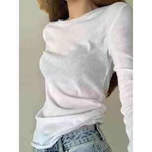2026春秋极简风微透薄款T恤女长袖打底衫修身上衣罩衫0105w