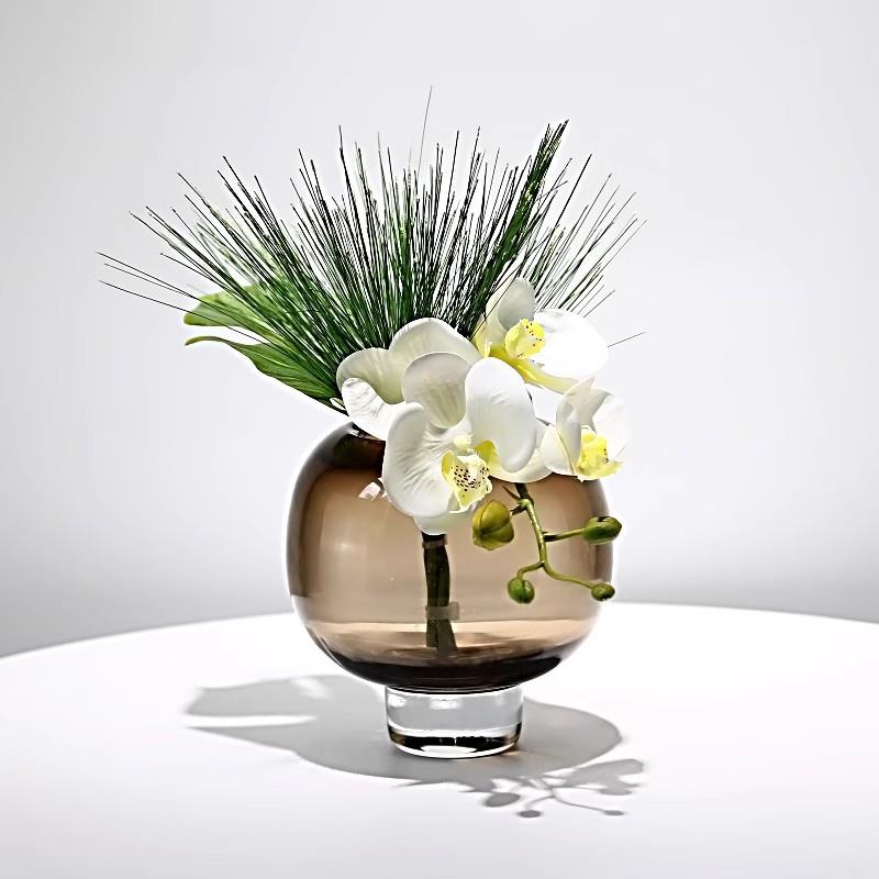 现代轻奢仿真花艺棕色玻璃花器家居软装高档样板房客厅茶几摆设花