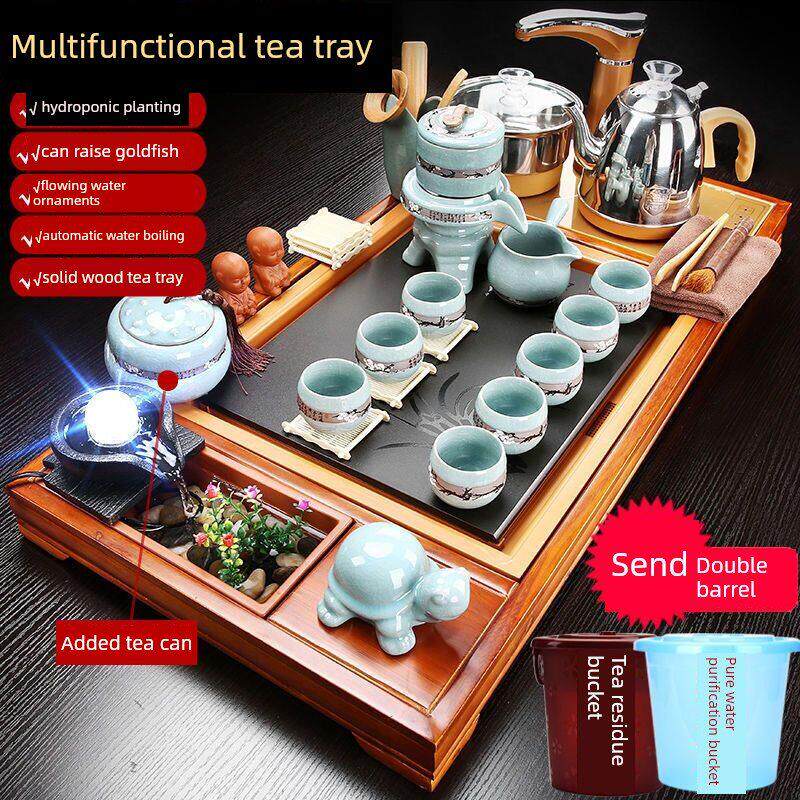 整套功夫茶具套装实木茶盘家用全自动流水茶台玻璃紫砂茶杯茶壶碗