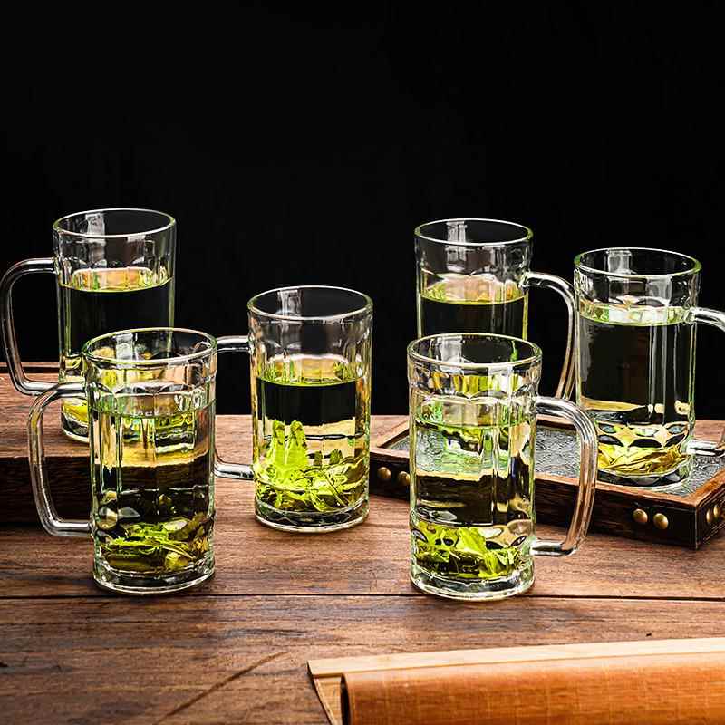 整件茶楼专用茶杯玻璃两用水杯家用啤酒杯子带把高端茶杯玻璃茶杯