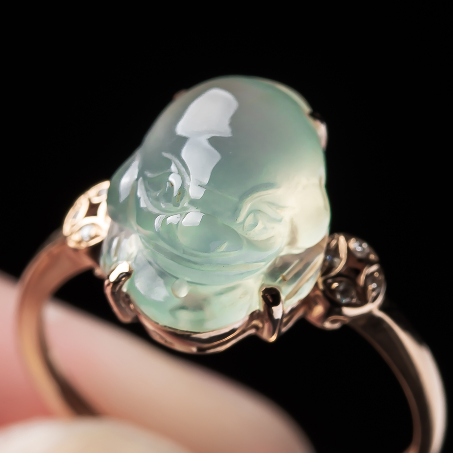 天然缅甸翡翠玉戒指女正品18K金镶嵌冰润晴底招财金蟾戒指2.28g