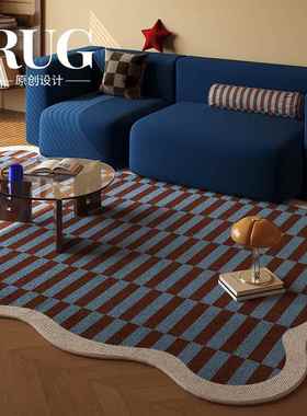 RUG原创设计 蓝色包豪斯条纹地毯客厅轻奢高级复古免洗地垫不规则