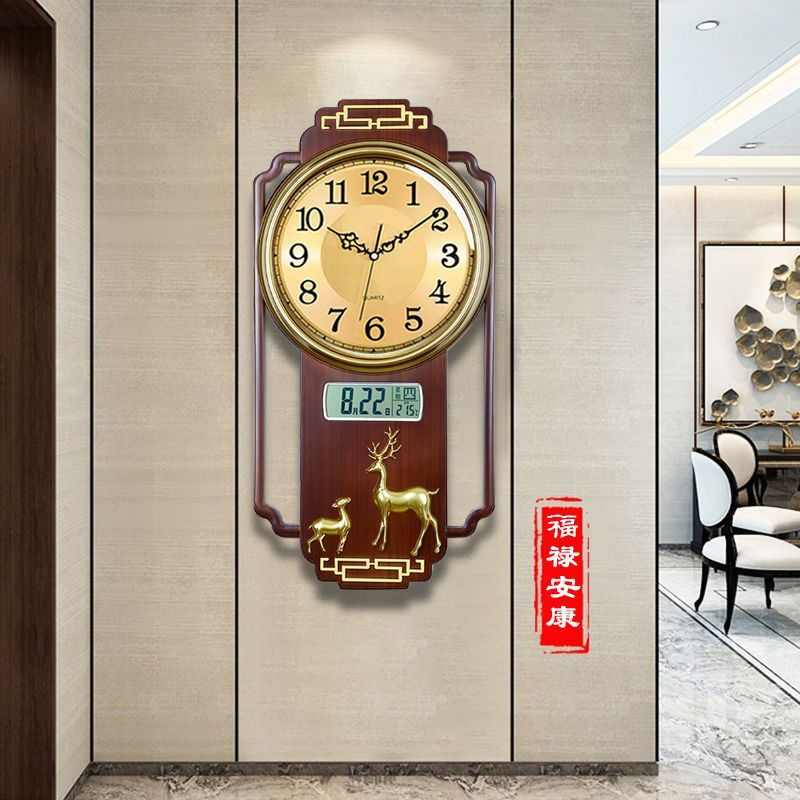新中式挂钟客厅家用时尚免打孔挂表创意日历大气时钟挂墙石英钟表