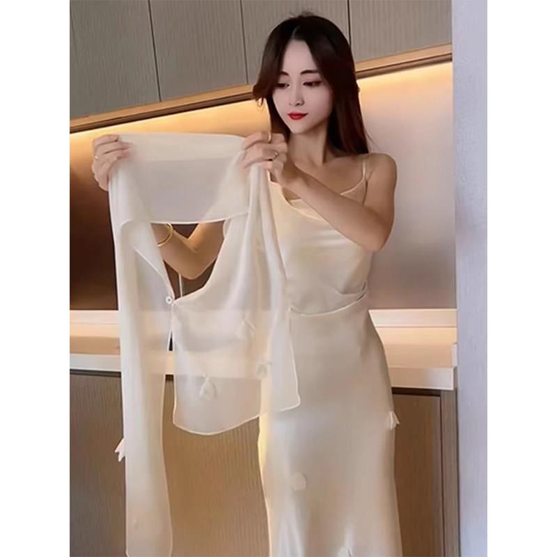 杏色飘逸雪纺开衫女夏季欧货防晒外搭披肩空调衫透气蕾丝外套上衣