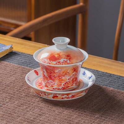 仿古泥矾红鱼化龙盖碗茶杯家用高档陶瓷泡茶碗红龙纹三才马蹄茶具