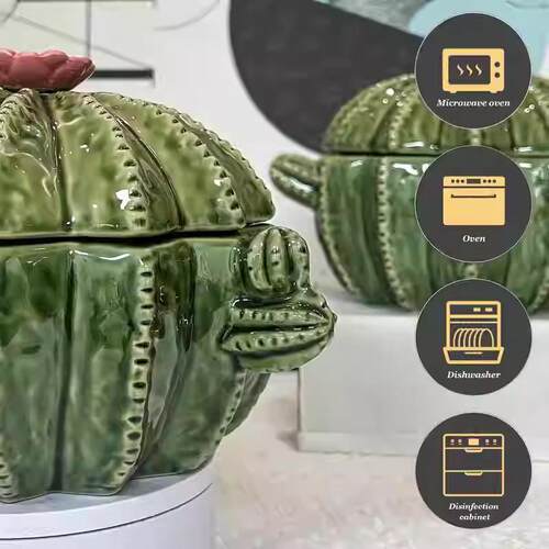 跨境出口美式仙人掌造型陶瓷带盖家用盛汤大号双耳面碗汤碗