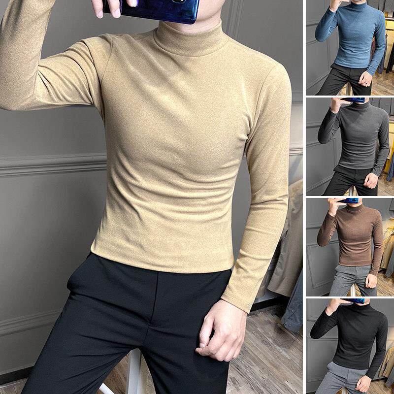 潮牌2025春季男士德绒保暖半高领长袖打底衫男士百搭修身显瘦上衣