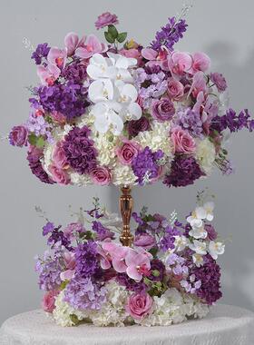广千丰新款紫色仿真花婚礼餐桌装饰插花花球烛台布置仿真花环假花