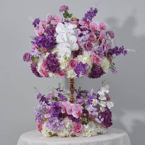广千丰新款紫色仿真花婚礼餐桌装饰插花花球烛台布置仿真花环假花