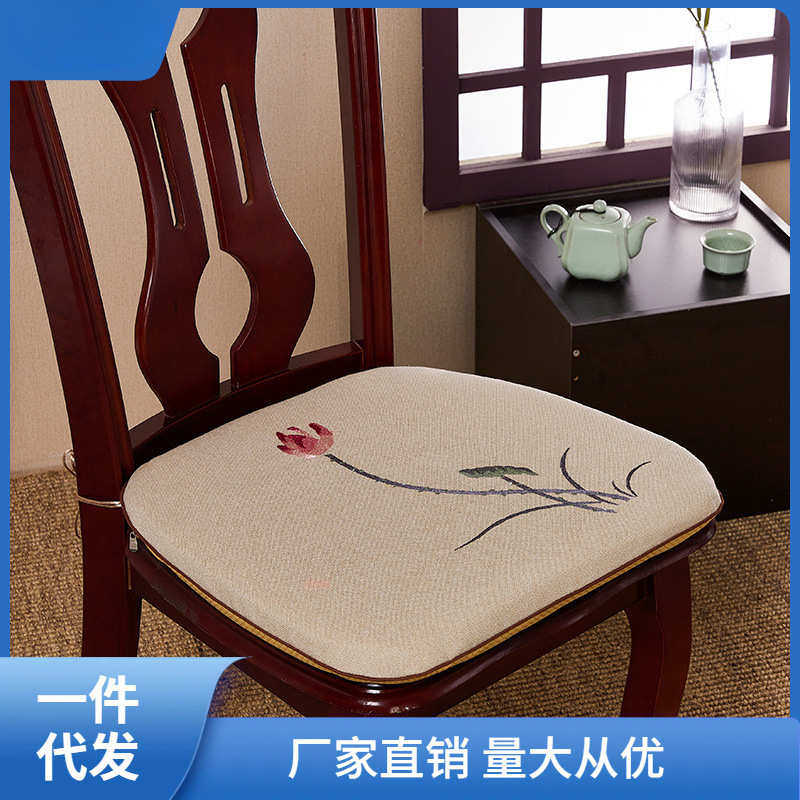 新中式刺绣餐椅垫棉麻加厚坐垫实木椅子垫防滑椅座垫带绑带可娜幽