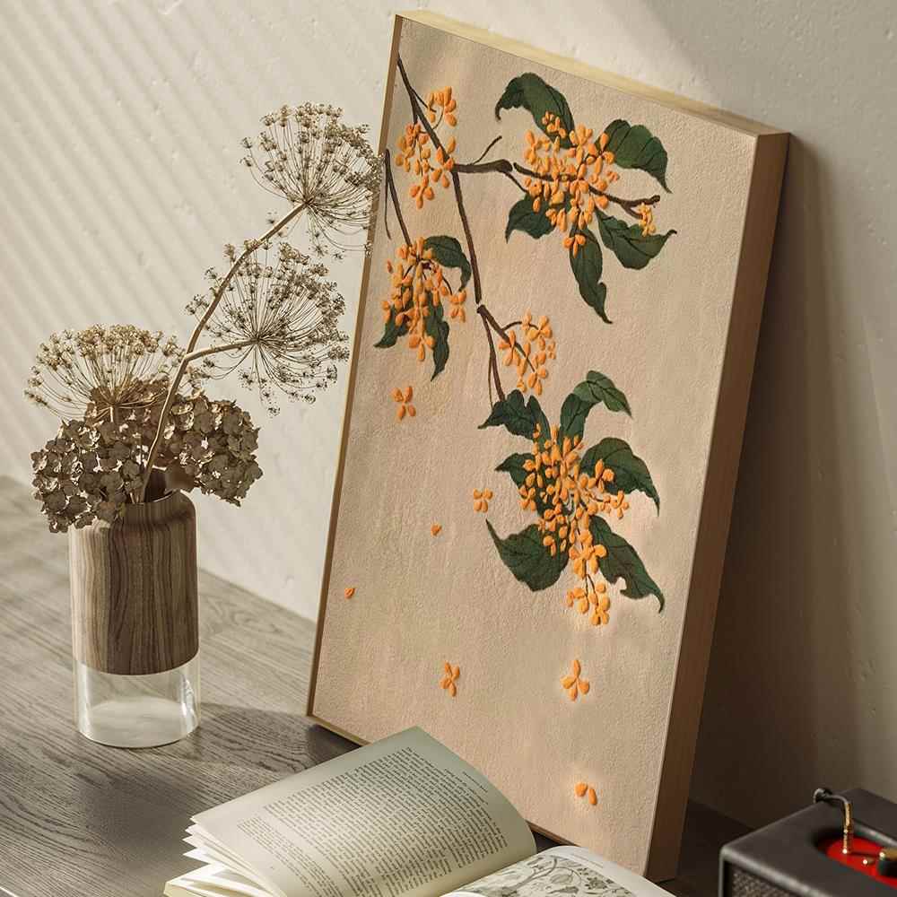 新中式玄关装饰画客餐厅黄色桂花卉挂画无框肌理油画高级感墙壁画图片