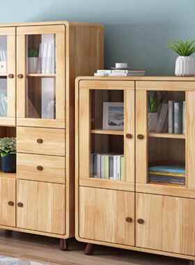 实木书柜带玻合璃门家用卧室儿童组收AT01柜纳整理柜学生书橱房书