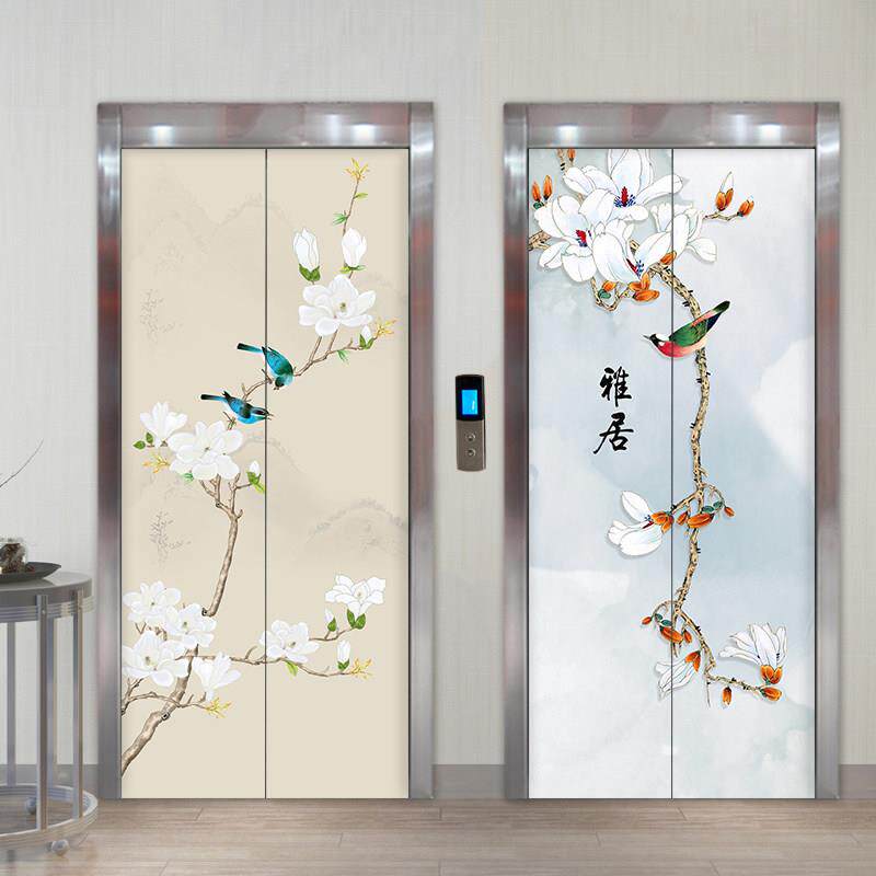 清新古典电梯门贴纸自粘可定制壁画玄关装饰画电梯门贴画中式花鸟